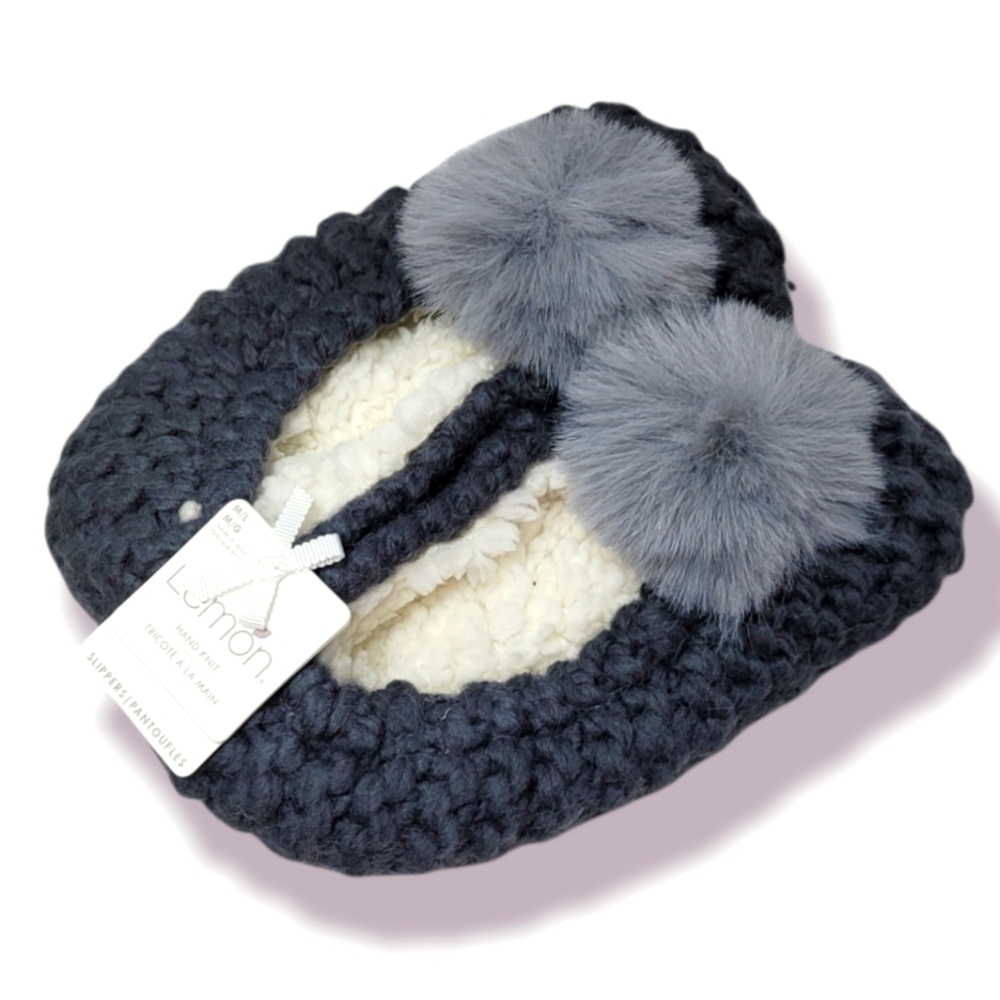 Lemon Grey Pom Knit Slippers sz M/L